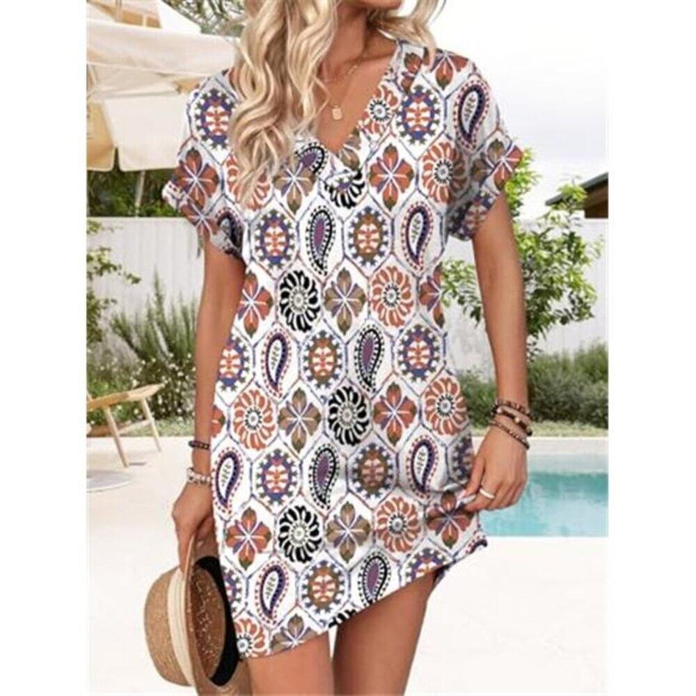 Floral T-Shirt Dress V-Neck Short Sleeve With Pockets